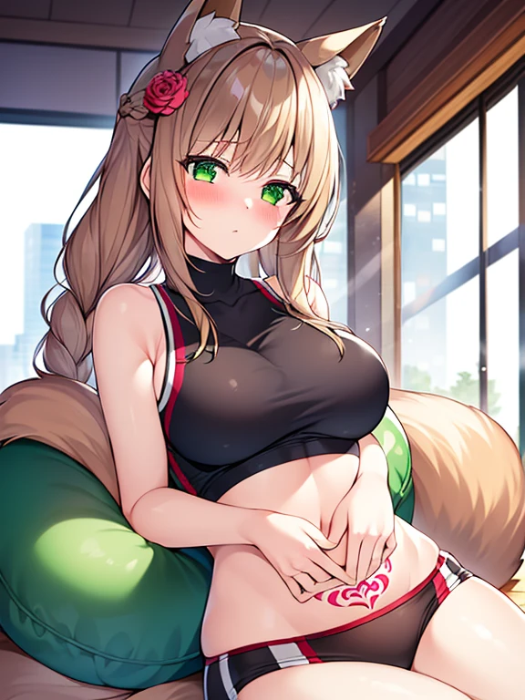 masterpiece, Highest quality, Highest Resolution, One girl, alone, Oversized fox tail,Green Eyes,(Long brown hair_Sideways French braided hair),Small flower head dress, (27 years old,Busty Wife)_Mature female figure_F Cup,modern architecture,(Blushing:1.3),Represents medium , On the stomach_Succubus Tattoo, Mature Woman, sexy sports vest