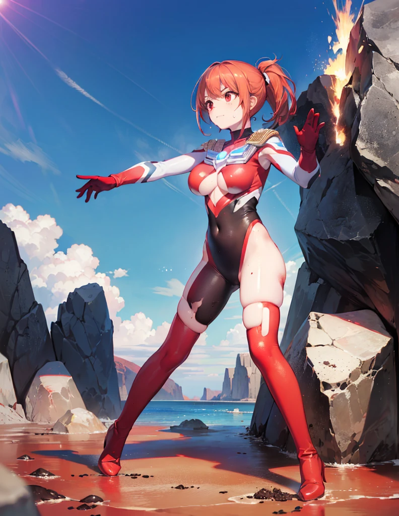 (Close-up:1.2),Realistic,Highest quality, Ultra Detail, High-quality CG rendering, The most delicate and beautiful, Floating softly, High resolution, (1 giant girl), (Highest quality,4K,8K,masterpiece:1.2),(All red hair:1.5), (ponytail:1.5),(Red eyes:1.5), (Ultra Girl:1.0), (All red Ultraman bodysuit:1.4),(Do not expose your skin:1.6),(Slightly larger breasts:1.5),(Red gloves:1.3),(Red Shoes:1.3),(whole body:1.3),(Are standing:1.3),(Plain surrounded by rocks:1.3),(Brown soil ground:1.3),(Fighting Pose:1.3),(sweating:1.3),(Wounded:1.3),(Brown mud stains:1.3),(front:1.4)