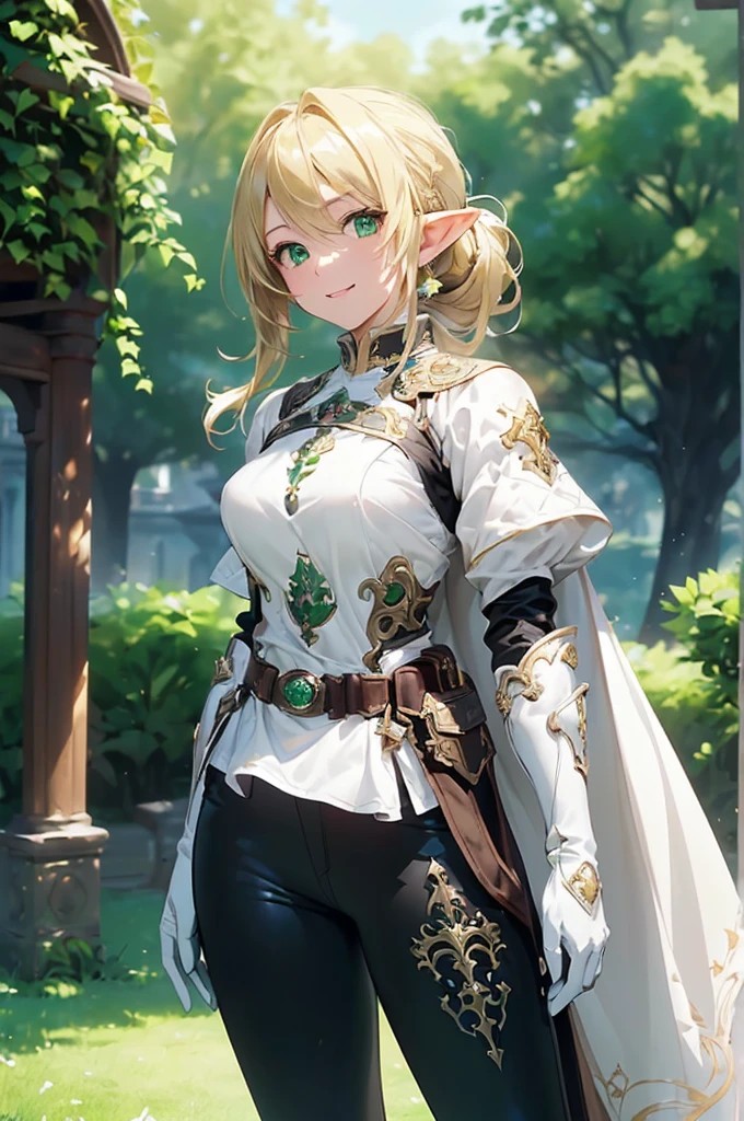(((masterpiece; best quality: 1.2))), (finely detailed eyes: 1.3), (25 year old elf woman), (solo), (green eyes: 1.4), (body; buxom, fit, femenine: 1.3), (silky blonde hair in low ponytail: 1.3), (beautiful and clear background: 1.2), ((depth of field)), (equipment: adventurer attire + modest + light armor + long black tunic + white cape + black pants + gloves + belt + pouches: 1.3), (anime illustration: 1.2), (background composition; royal garden: 1.1), (extremely fine and beautiful: 1.1), (shot composition; standing + centered on torso + close-up: 1.5), (expression; calm, smile: 1.2)