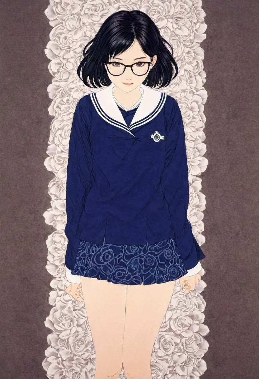 Line art,Flower Art,(Floral:1.2), (masterpiece, Highest quality),Vibrant colors,colorful, Highest quality,virgin, ,(School Sailor Suit、Navy Blue Skirt)、,White socks、Black Loafers、Crazy Smile、Black Hair、Wide forehead、Short braid、Brow wrinkles、Black glasses、Big Breasts、Plump;Not cute,From above、takato yamamoto style