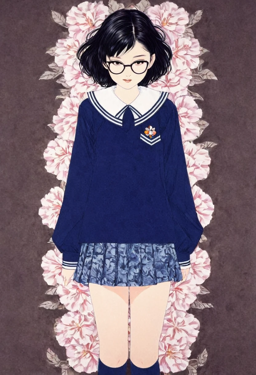 Line art,Flower Art,(Floral:1.2), (masterpiece, Highest quality),Vibrant colors,colorful, Highest quality,virgin, 15 years old,(School Sailor Suit、Navy Blue Skirt)、,White socks、Black Loafers、Crazy Smile、Black Hair、Wide forehead、Short braid、Brow wrinkles、Black glasses、Big Breasts、Plump;Not cute,From above、takato yamamoto style