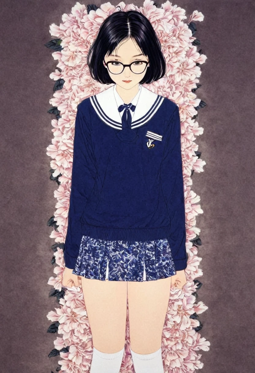 Line art,Flower Art,(Floral:1.2), (masterpiece, Highest quality),Vibrant colors,colorful, Highest quality,virgin, 15 years old,(School Sailor Suit、Navy Blue Skirt)、,White socks、Black Loafers、Crazy Smile、Black Hair、Wide forehead、Short braid、Brow wrinkles、Black glasses、Big Breasts、Plump;Not cute,From above、takato yamamoto style