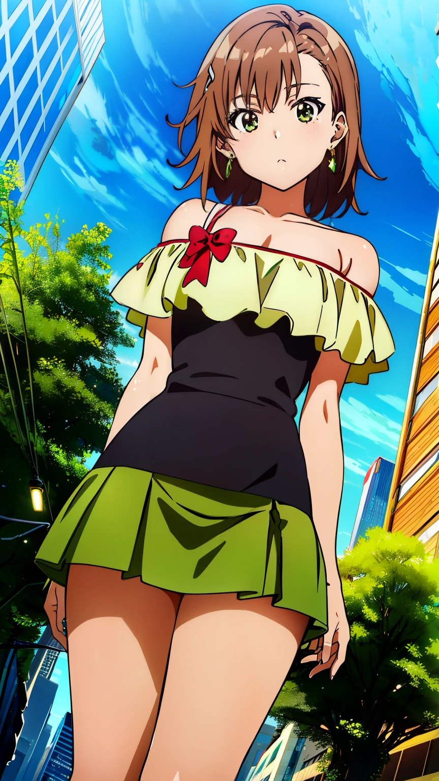 (masterpiece, best quality, 8k:1.2),Very detailed, (anime:1.1), misaka_mikoto, brown hair, medium hair, hairpin, medium breasts, 1girl, (lime green off-the-shoulder, miniskirt, earrings, city), dutch angle, looking at viewer,