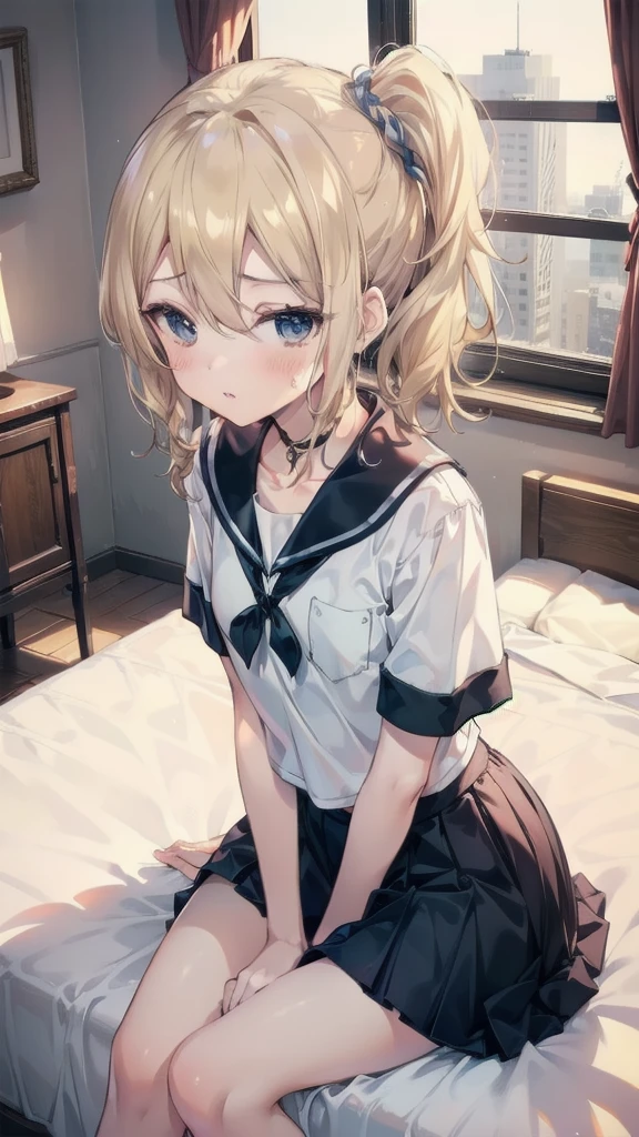 Super high quality by Art God, Very detailed, High resolution, Anime Moe Art Style, best anime 8K, pixiv Contest Winner, Perfect Anatomy, break,(From above、ponytail、Blonde、Please draw a picture of a girl sitting sleepily on the bed.. )break, One girl,(alone,Little Woman,Baby Face,13 years old:1.3),Complete limbs, Full Finger,, The charm of an immature body, (Very short hair),  bangs, Flat Chest,  Body, Small Ass, between legs, clavicle, Small eyes, Iris, Beautiful attention to detail, Well-proportioned iris and pupil, Expressive eyes, Drunk Eyes, blush, lips with beautiful details, High resolutionの詳細な髪, skirt, pleated skirt, neckerchief, Sailor collar, Sweat, , Your Serah, Short sleeve, shirt, (Detailed lighting), (Detailed Background),On the bed, In the school infirmary. break,Very detailed肌,  Best lighting by famous artists, 8,From above
