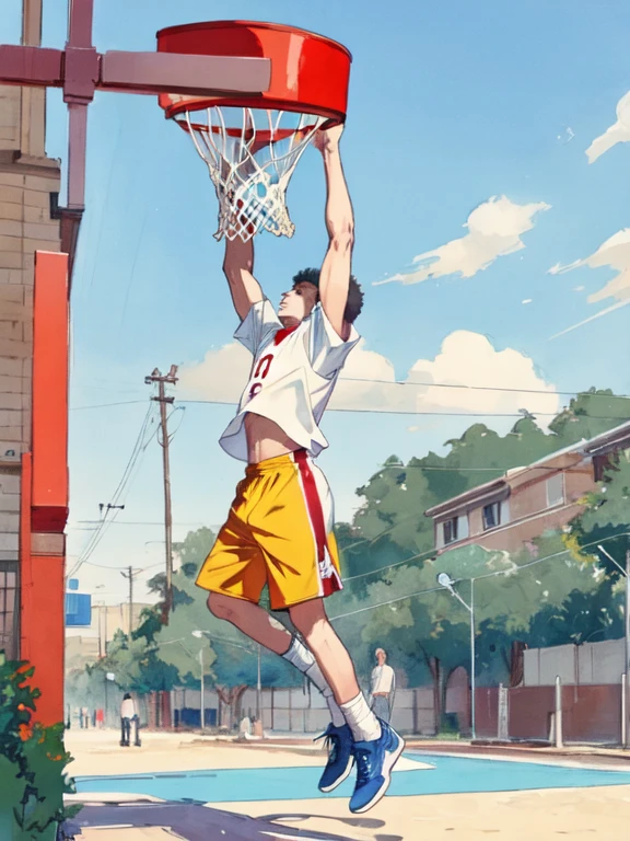 One boy, ((Dunk Shot)), basketball, athlete, Pop Background, repetition, Art Scene, Flat Color, 