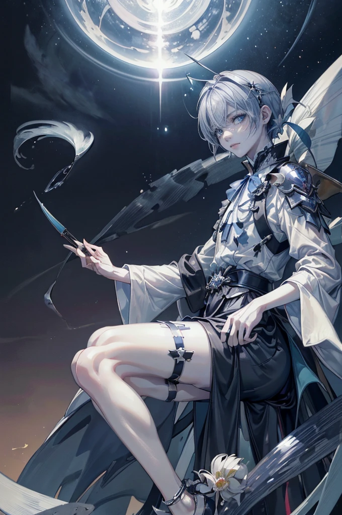 ((4K works))、raw work、(top-quality)、((top-notch image quality))、((uma lind boy))、slim body、((Preta Y shirt fashion))、( detailedeyes )、((Face similar to Chaewon in Ruseraphim))、((shoulder length hair))、((shiny silver hair))、((smaller face))、((face neutral))、 ((clear blue eyes))、((British boy))、((13 year old))、((wild boy))、((wild appearance))、((Show your fangs and laugh))、((Korean makeup with black eyeshadow))、((elongated and clear eyes))、((Taken alone))、villain、((amazing photo)) 、Photographed so that the entire body can be seen、horor、Dark Proof、penthouse apartment ((cold stare, fear)), (( Lifeless look)), ((pale skin)) ((Sexy slender thighs)) ((Round ass)) ((Waist slender)) ((within a fourth British country)) ((height 157m))