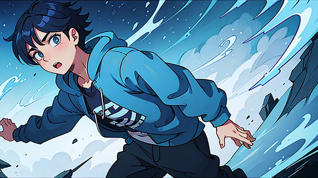 1 boy, blue hair, wearing a blue hoodie, running scared, high quality, 8k