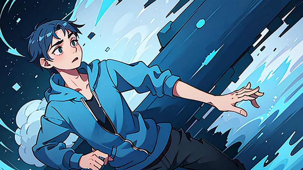 1 boy, blue hair, wearing a blue hoodie, running scared, high quality, 8k