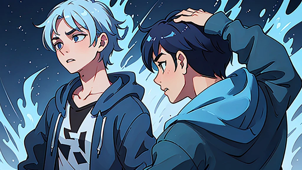 1 boy, blue hair, wearing a blue hoodie, running scared, high quality, 8k