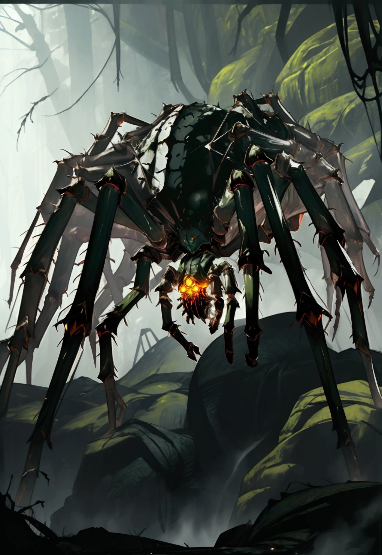 Giant furry spider, reflective skin, large cave, giant cave, realistic, highly detailed, intricate,unreal engine,cinomatic lighting,wide angle lens, action shot, carnal, Arachnomorph, green eyes, multiple eyes, runic figures, giant spider, swarm of spiders, giant cavern, dark area, foggy, camoflauge, stealthy, green runes, green magic, giant spider boss