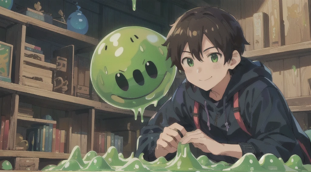 Close-up of a person holding a green object in front of a shelf, Slime, グリーンSlime everywhere, Official Artwork, Profile photo 1024px, Official Anime Artwork, ラディアントSlimeトレイル, Slimeモンスターと遊ぶ子供, Smooth anime CG art, グリーンSlime, Blob Anime, Official Art, anime key art, Anime Cover, safebooru anime images、smile