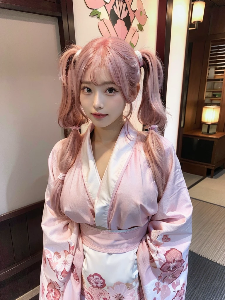 Shot with a top-of-the-line camera. highest quality, ultra-detailed, intricately detailed, high resolution, 8k, (very large breasts:1.3), (pink hair in twintails:1.3), kimono