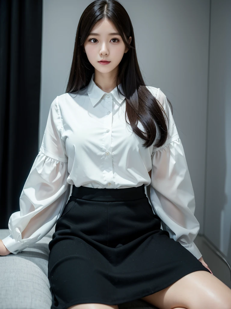 White Office、computer、Mid-length black polyester skirt 、Chiffon blouse、(Highest quality)、((Very detailed))、4K、(8K)、masterpiece、Very detailedな、Highest quality、Super Resolution、1 person、Kind Face、Soft Light、RAW quality、Soft Skin、163cm、30 years old、From the knee up