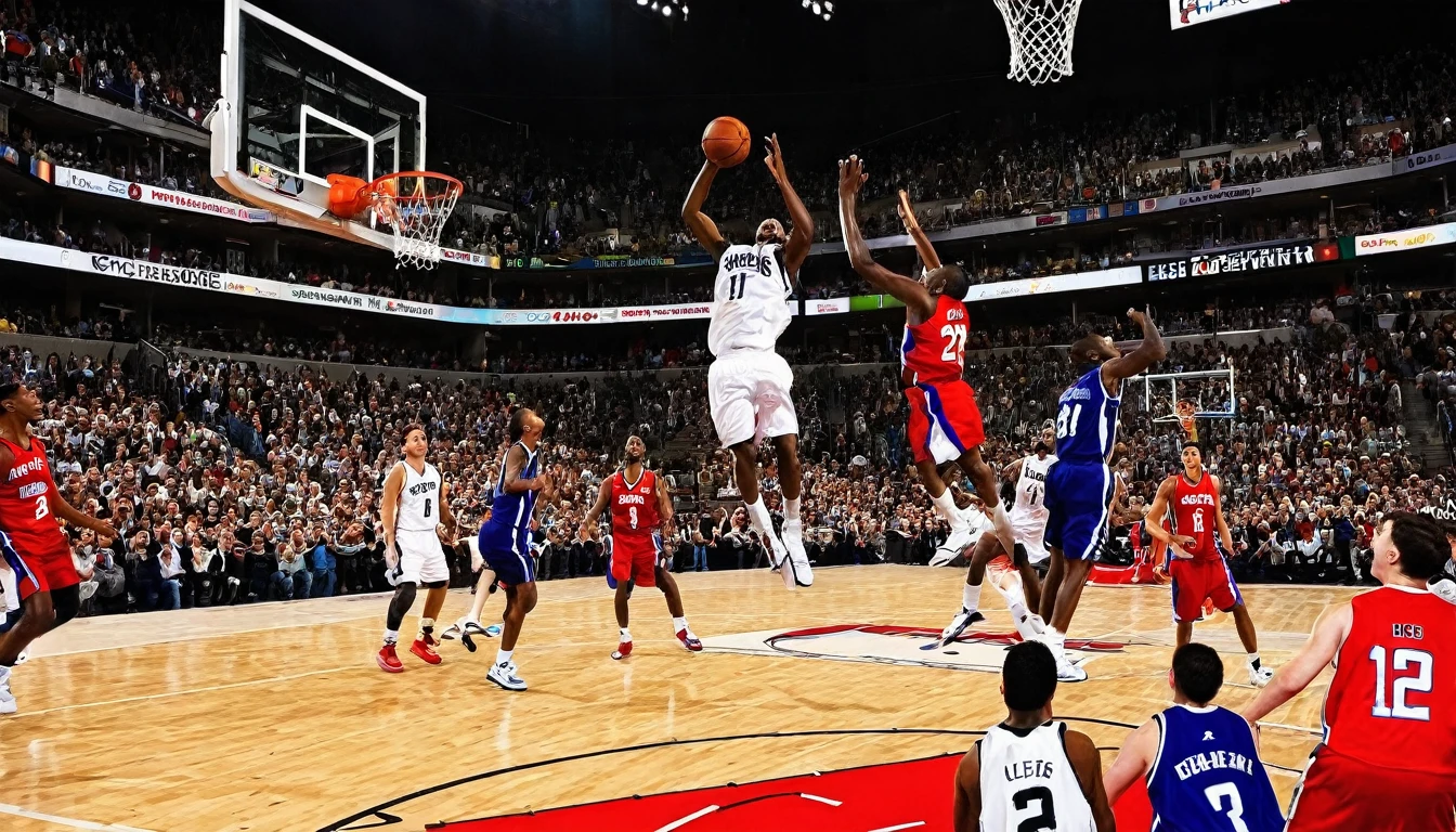 The shocking moment on the basketball court, players soaring and dunking, basketballs passing through the net, and the audience celebrating with excitement, witnessed this classic moment together. The basketball court, players, soaring, dunking, basket, audience, celebration, classic