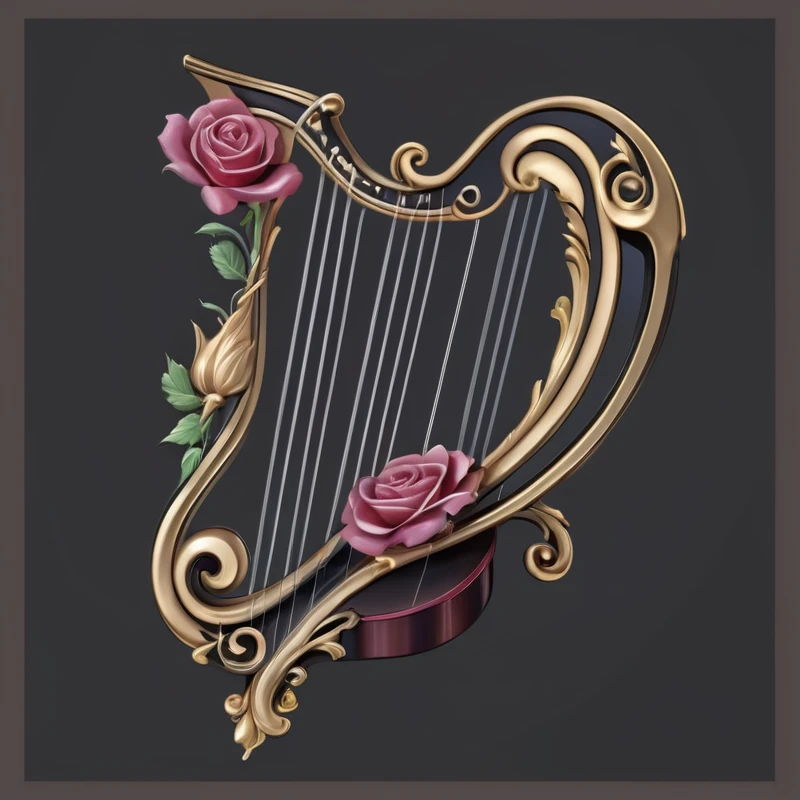 a close up of a harp with a rose on it, harp, Gorgeous and flowing, with an harp, (Fantasy Violin), Fantasy Violin, Gorgeous and elegant, Baroque Figures, very Gorgeous, very decorative, decorative, elegant and Gorgeous, Gorgeously detailed, High resolution commissions, exquisitely Gorgeous, Gorgeous, highly Gorgeous, Musical Instruments