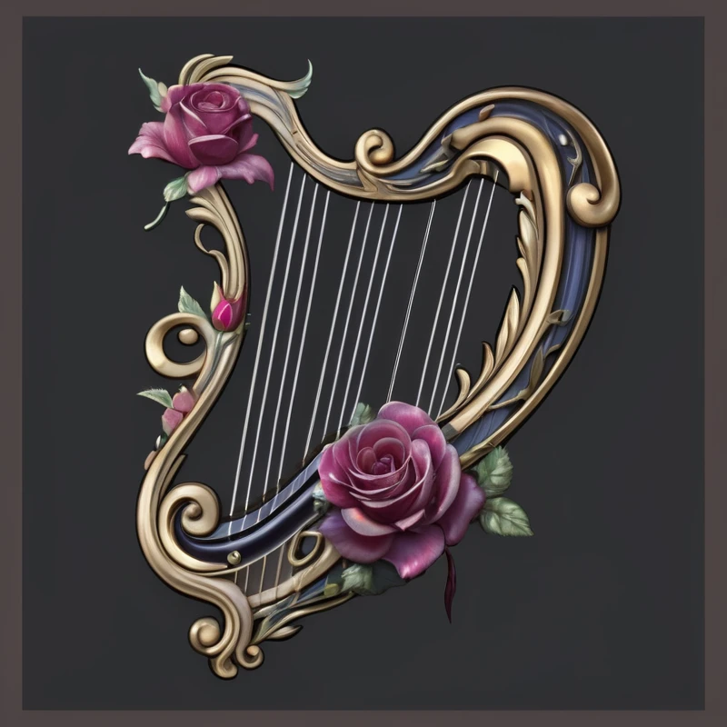 a close up of a harp with a rose on it, harp, Gorgeous and flowing, with an harp, (Fantasy Violin), Fantasy Violin, Gorgeous and elegant, Baroque Figures, very Gorgeous, very decorative, decorative, elegant and Gorgeous, Gorgeously detailed, High resolution commissions, exquisitely Gorgeous, Gorgeous, highly Gorgeous, Musical Instruments