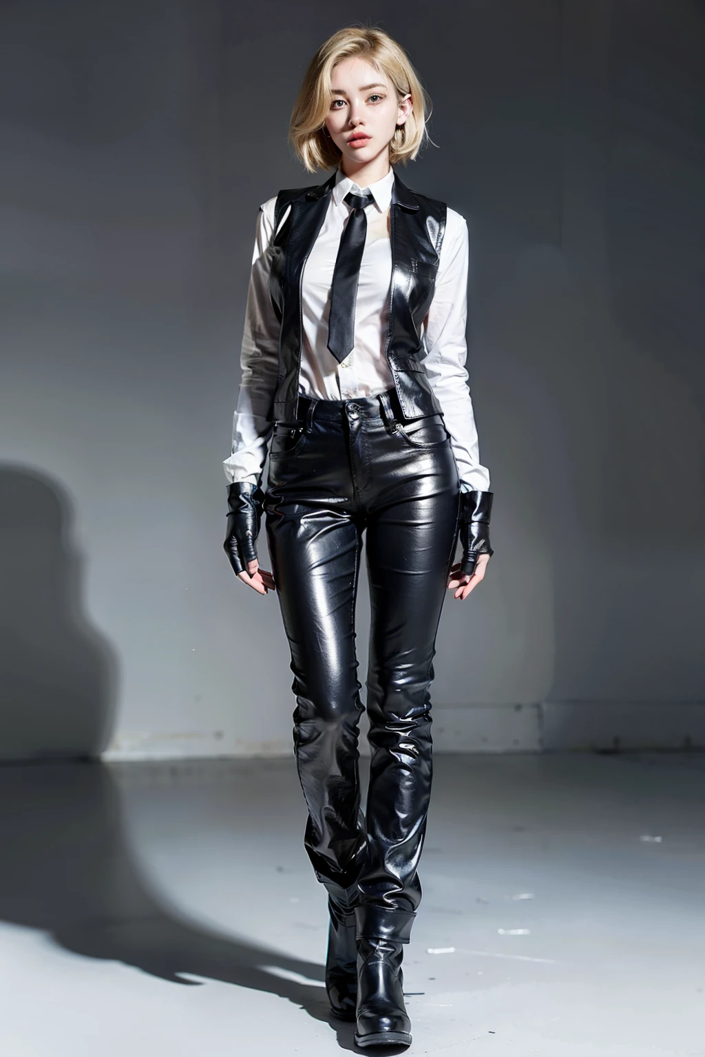 (white background:1.2),(full body:1.2),(photo realist: 1.2), (hiper realist: 1.2), (realistic: 1.2), (smoother lighting: 1.2), (Improve the quality of movie lighting: 1.2), (RAW photo:1.2), (better quality:1.2), (beauty:1.2), (masterpiece:1.2), (Physically based rendering:1.2), (ultra high resolution:1.2), (best quality:1.2),(standing:1.2),(short blonde hair:1.2), (ember eye color:1.2),(brown leather vest:1.2), (white shirt:1.2),(black necktie:1.2), (skinnyfit:1.2),(black leather long pants:1.2), (ankle boots:1.2),(fingerless gloves:1.2), (big breast:1.2),(sexy:1.2)