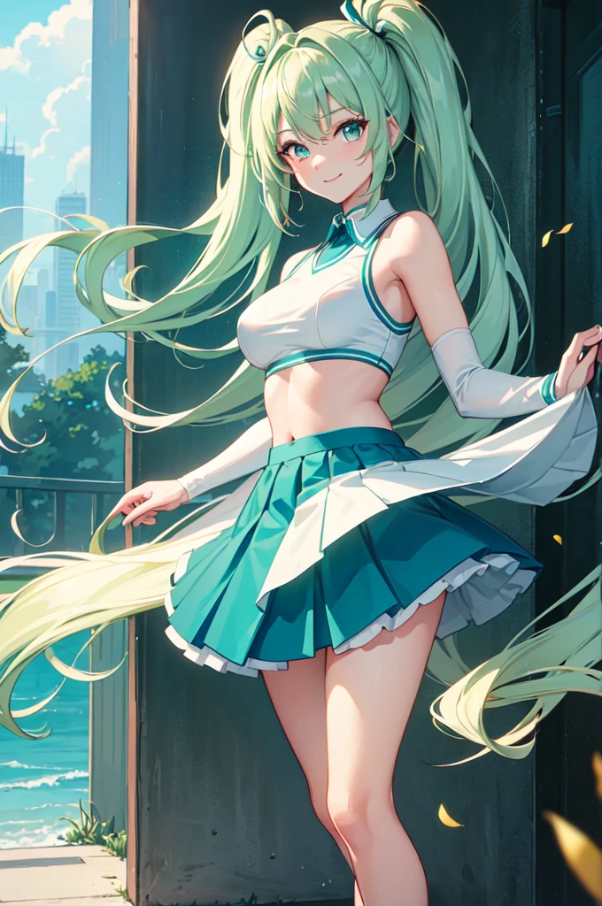 (masterpiece, top quality, best quality, official art, beautiful and aesthetic:1.2), (8k, best quality, masterpiece:1.2), (((masterpiece))), (((best quality))), (((extremely detailed))), illustration, who, (masterpiece, top quality, best quality, official art, beautiful and aesthetic:1.2), (8k, best quality, masterpiece:1.2), 1girl, cheerleader, blonde hair, twin tails, long hair, medium breasts, turquoise eyes, full body, wide hips, smile, skirt, dark green and white cheerleader uniform,