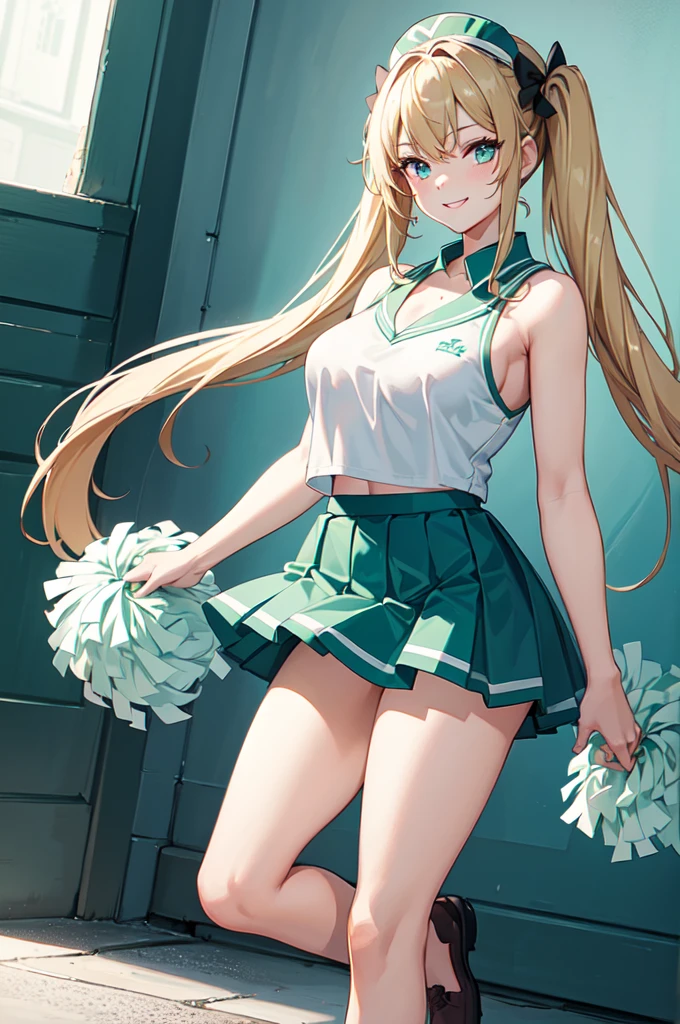 (masterpiece, top quality, best quality, official art, beautiful and aesthetic:1.2), (8k, best quality, masterpiece:1.2), (((masterpiece))), (((best quality))), (((extremely detailed))), illustration, who, (masterpiece, top quality, best quality, official art, beautiful and aesthetic:1.2), (8k, best quality, masterpiece:1.2), 1girl, cheerleader, blonde hair, twin tails, long hair, medium breasts, turquoise eyes, full body, wide hips, smile, skirt, dark green and white cheerleader uniform,
