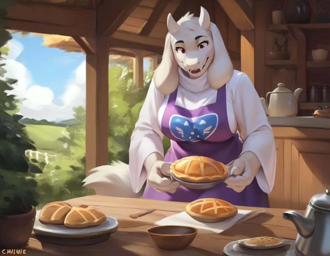 score_9, score_9_up, score_8_up, score_7_up, score_6_up, score_5_up, rating_safe, source_furry, anthro, toriel, solo, baking a pie in a stove, digital art anthro, tail, fully in view, detailed fluffy fur covered body, duo, in a cottage home indoors,
