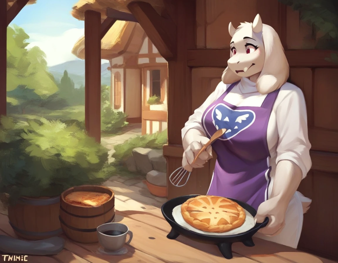 score_9, score_9_up, score_8_up, score_7_up, score_6_up, score_5_up, rating_safe, source_furry, anthro, toriel, solo, baking a pie in a stove, digital art anthro, tail, fully in view, detailed fluffy fur covered body, duo, in a cottage home indoors,
