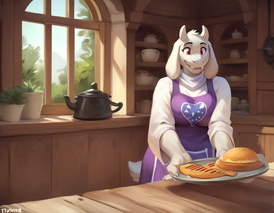 score_9, score_9_up, score_8_up, score_7_up, score_6_up, score_5_up, rating_safe, source_furry, anthro, toriel, solo, baking a pie in a stove, digital art anthro, tail, fully in view, detailed fluffy fur covered body, duo, in a cottage home indoors,
