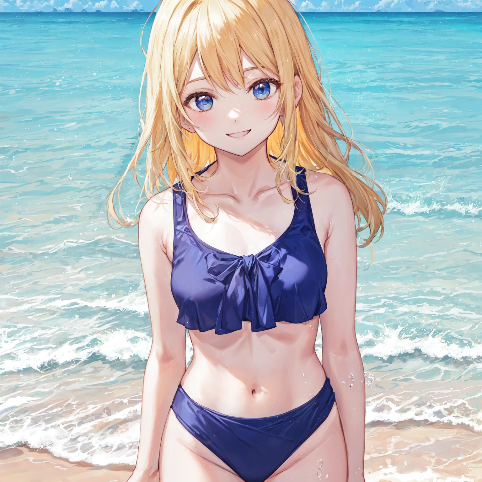 smile,look away,From Behind,swim suit,peace,beach,Photoreal 1;4,shoulder length blond hair, {{beautiful medium size reasts 1:4}},{{schoolgirl}},top quality,cute girl,high quality background, slanted eyes, detailed shirt chest wrinkles,BREAK, {{beautiful blue eye1:4}}, BREAK, five fingers