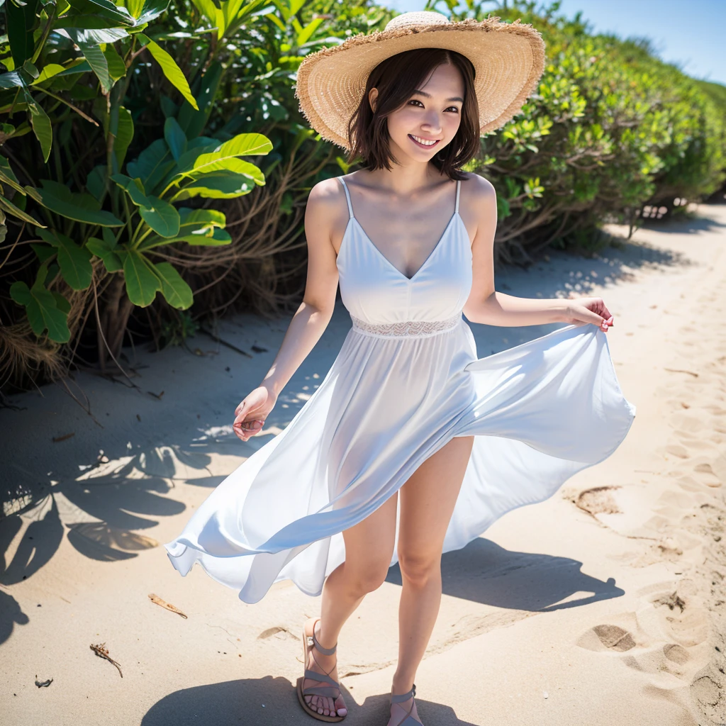 (Summer beach、Walk along the beach、Standing at the resort、blue sky、Beautiful sea)、(White Dress:1.4、Mini Dress:1.3、Wear a straw hat、Sandals)、(Realistic、Like a photograph、Live Action、8K, Realistic, RAW Photos, Best image quality: 1.4), Single-lens reflex camera、RAW Photos, Highest quality, Realistic, Highly detailed CG Unity 8K wallpaper, Written boundary depth, Cinematic Light, Lens flare, Ray Tracing, Realistic background、((ultra high density skin))、 A 25-year-old girl traveling in Okinawa,Cute Japanese Woman、((whole body:1.5)，avert your eyes:1.1、Short Brown Hair:1.2、stylish、Very detailed、Pay attention to the details、Perfect outfit、(White skin)、smile、smile,teeth,Beautiful feet:1.1，View from below、Accurate hands、Accurate legs、Detailed hands and fingers、Anatomically correct body,one girl