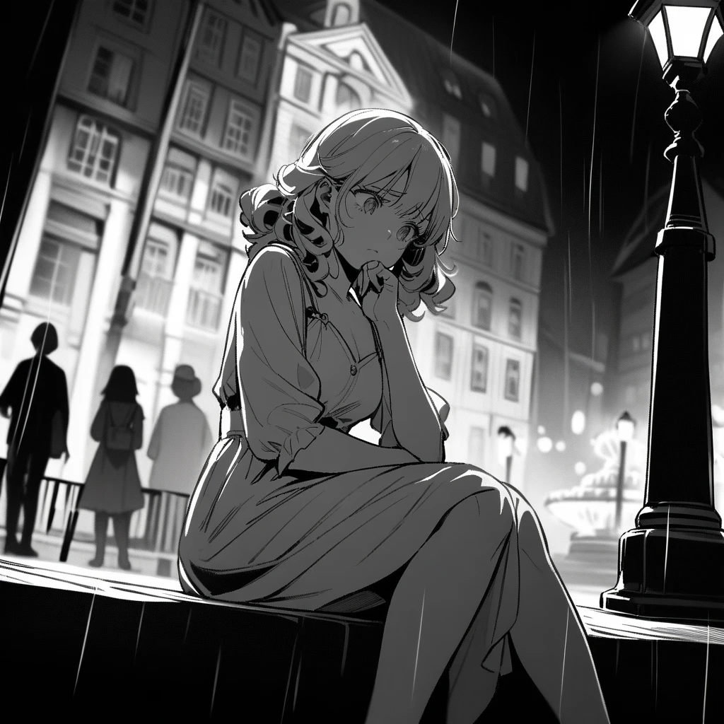 masterpiece,best Quality,(noise:1.2), (film frame), (monochrome:1.2), 1woman,cool,curly hair,modern girl,hal opend eyes, (sad:0.8),listless, looking down,looking away,hand on own chin,blond hair,white round hat, long white dress, white pumps, sitting on bench,one leg raised,
fountain, European street scene, building, street lamp,cinematic angle,cinematic lighting,rainy,