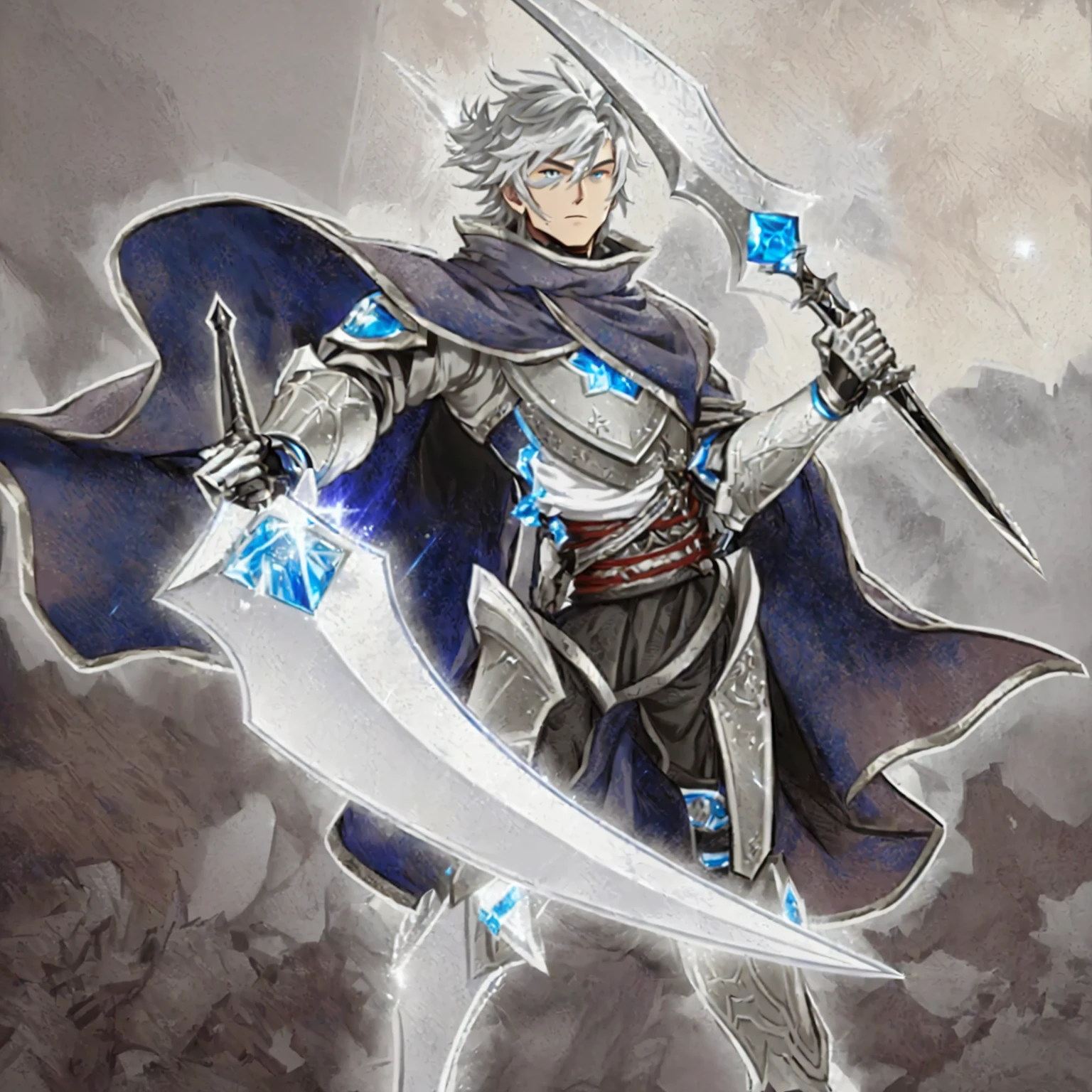 Cartoon character holding sword and armor in rocky area, Keqing from genshin impact, Magic Knight full map, Sharp RPG portraits, Casimir Art, A human male paladin, Silver Ice Reflective Armor, Blue and white armor, young shadow mage male, The handsome guy in Demon Slayer, Photo of an adult male warrior