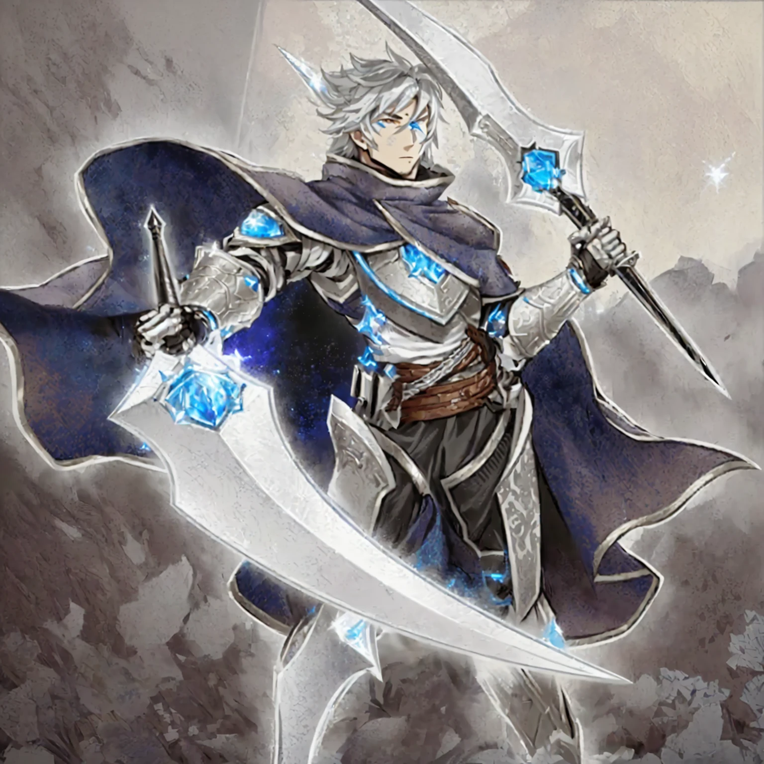 Cartoon character holding sword and armor in rocky area, Keqing from genshin impact, Magic Knight full map, Sharp RPG portraits, Casimir Art, A human male paladin, Silver Ice Reflective Armor, Blue and white armor, young shadow mage male, The handsome guy in Demon Slayer, Photo of an adult male warrior
