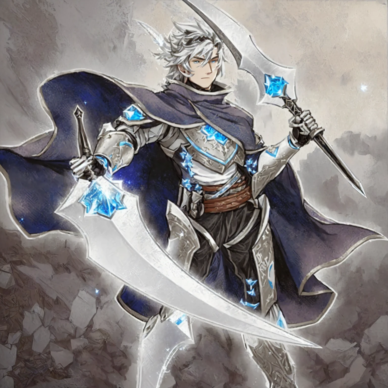 Cartoon character holding sword and armor in rocky area, Keqing from genshin impact, Magic Knight full map, Sharp RPG portraits, Casimir Art, A human male paladin, Silver Ice Reflective Armor, Blue and white armor, young shadow mage male, The handsome guy in Demon Slayer, Photo of an adult male warrior