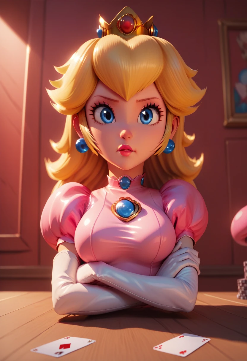 pov, princess peach, frowning, crossed arms, looking away, red wall, 3d, black table, playing cards,