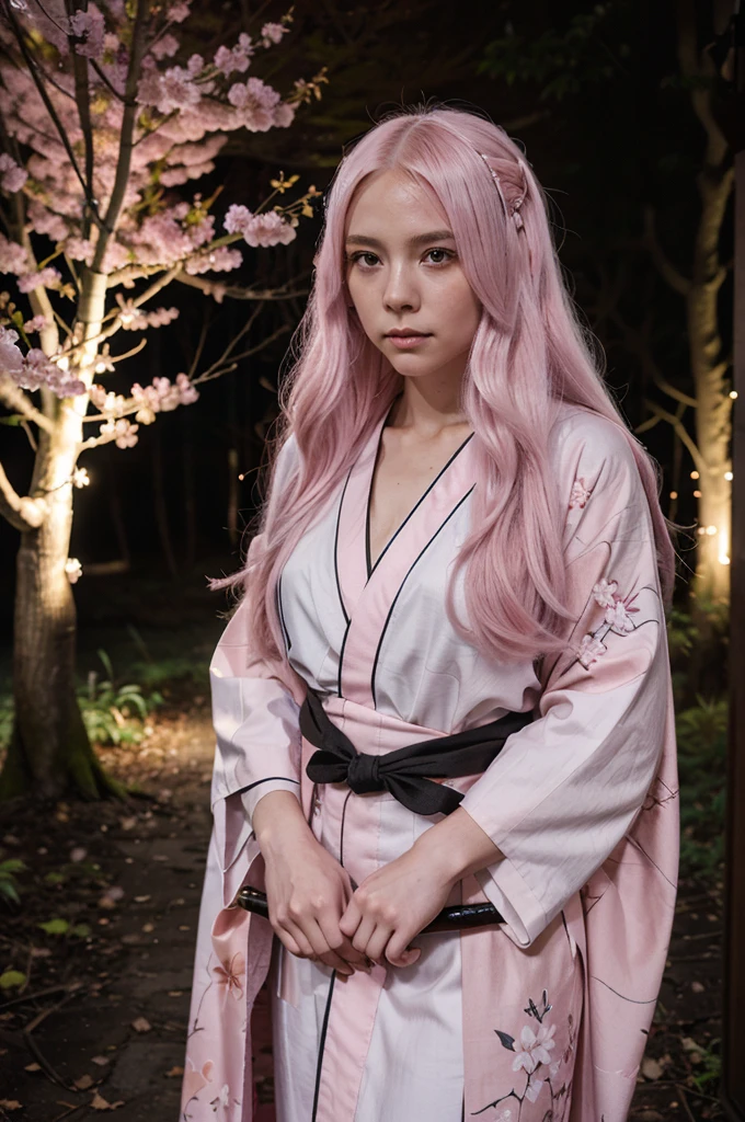A girl with long white hair, one strand of pink hair, wearing a ninja kimono, carrying a katana with a cherry blossom design, standing in the middle of the dark forest, her face flat