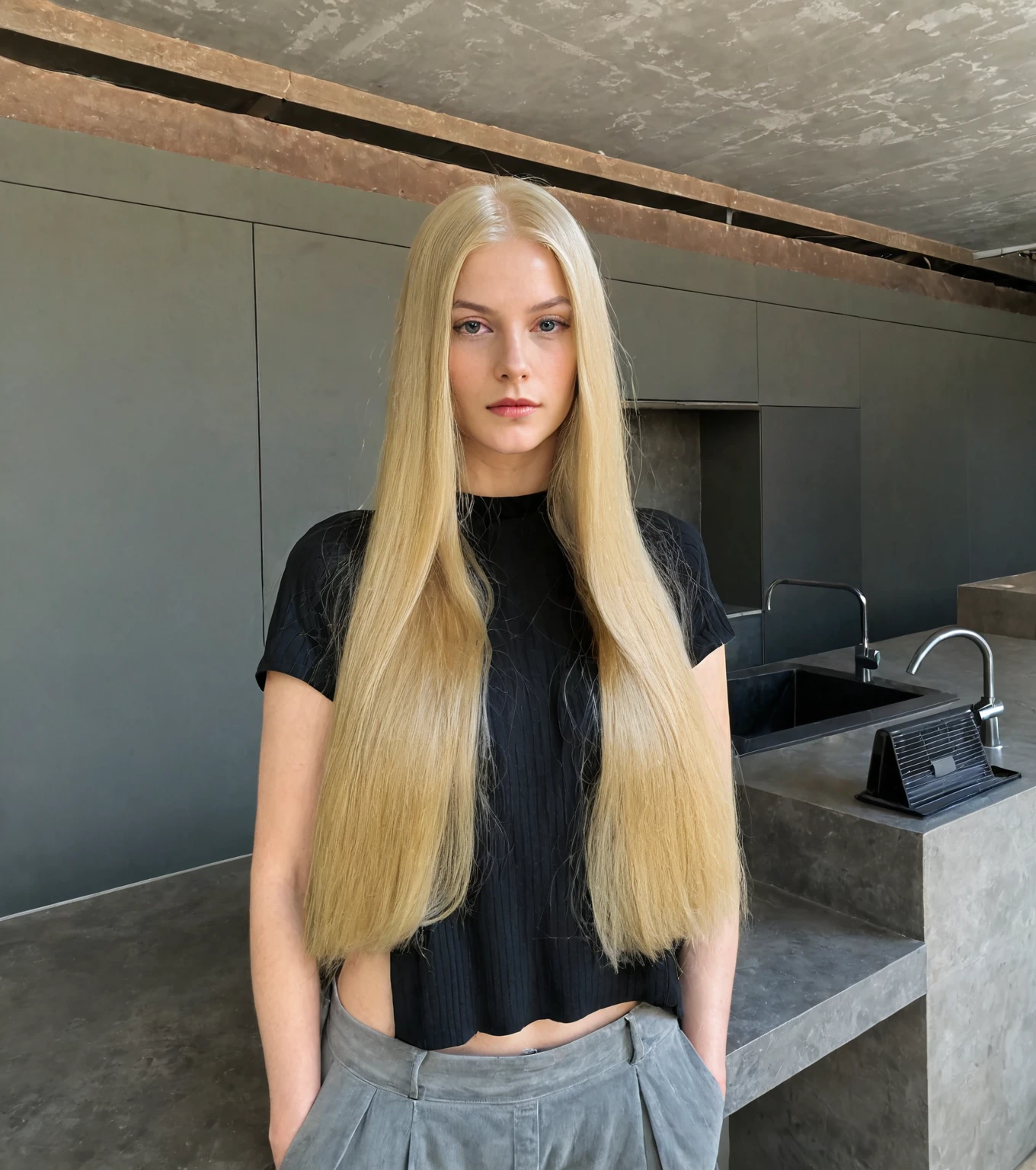 blond woman with long hair standing in a room with a counter, with long blonde hair, extremely long and thick blonde hair, with long hair, Her hair is long and straight., with very long blonde hair, but long blonde and straight, dark long blond hair, by the absurdly wide red, long blond hair oscuro, girl with super long hair, long blond hair