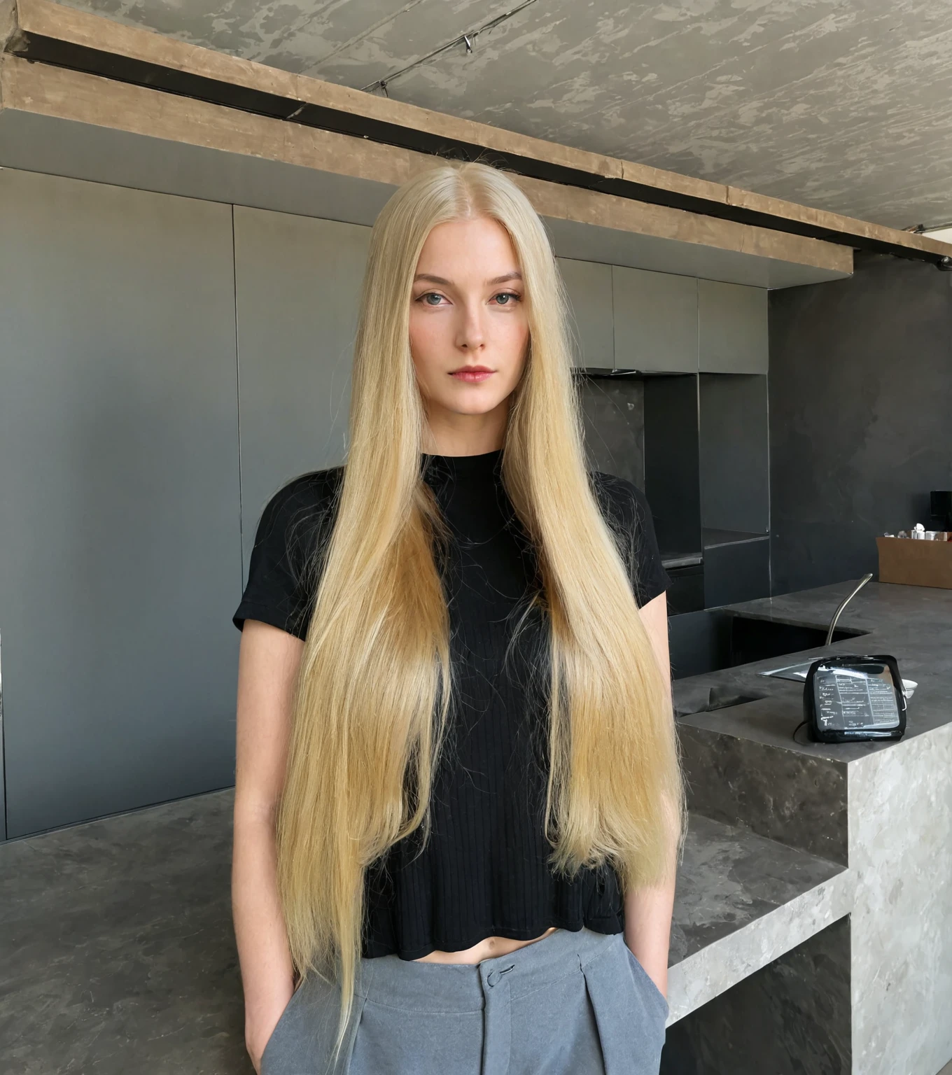 blond woman with long hair standing in a room with a counter, with long blonde hair, extremely long and thick blonde hair, with long hair, Her hair is long and straight., with very long blonde hair, but long blonde and straight, dark long blond hair, by the absurdly wide red, long blond hair oscuro, girl with super long hair, long blond hair