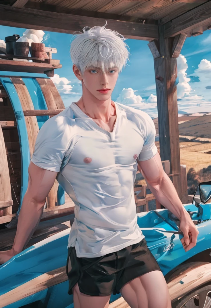 1boy, adult, handsome, perfect face, detailed eyes and face, clean shaved, muscular, capturing a rural atmosphere, dynamic lighting, unreal engine 5, hd picture, satoru gojo, white hair, short hair ,hair between eyes ,blue eyes, white skin, pink nipple, milk nipple details, water splash detail, hold a water gun