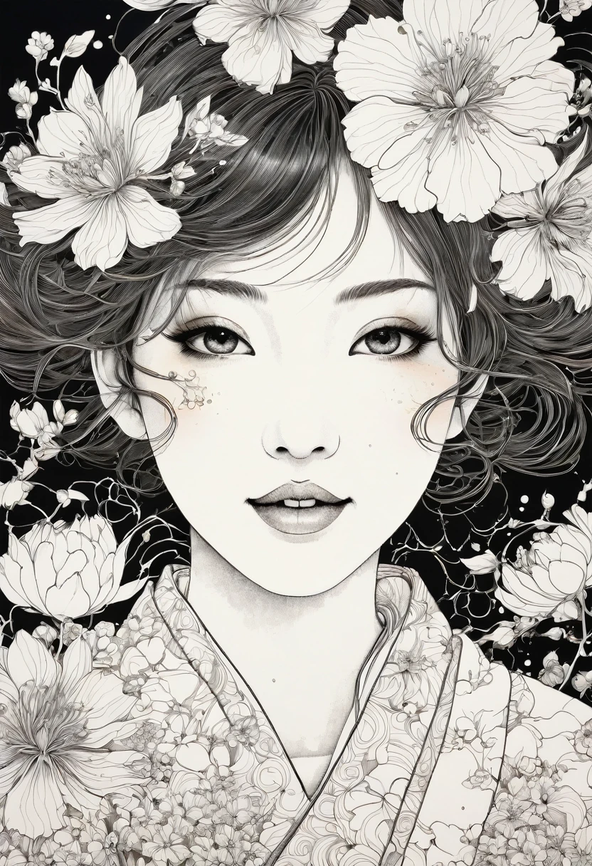 Line art、Flower Art、Floral、Japan pattern、virgin、Splattered、Crazy Smile、Falling Flowers、takato yamamoto'style、Browsing Caution