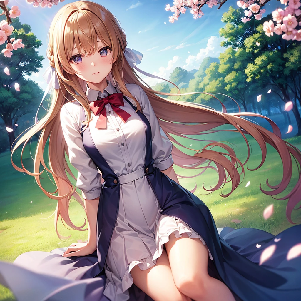 1girl, solo, aave, braid, hair ribbon, red ribbon, jewelry, white ascot, brooch, blue jacket, long sleeves, brown gloves, white dress, long dress, sitting, outdoors, cherry blossoms, falling petals, sky, cloud, dappled sunlight, cinematic angle, (masterpiece), (best quality), (ultra-detailed), very aesthetic, illustration, perfect composition, intricate details, erina nakiri
