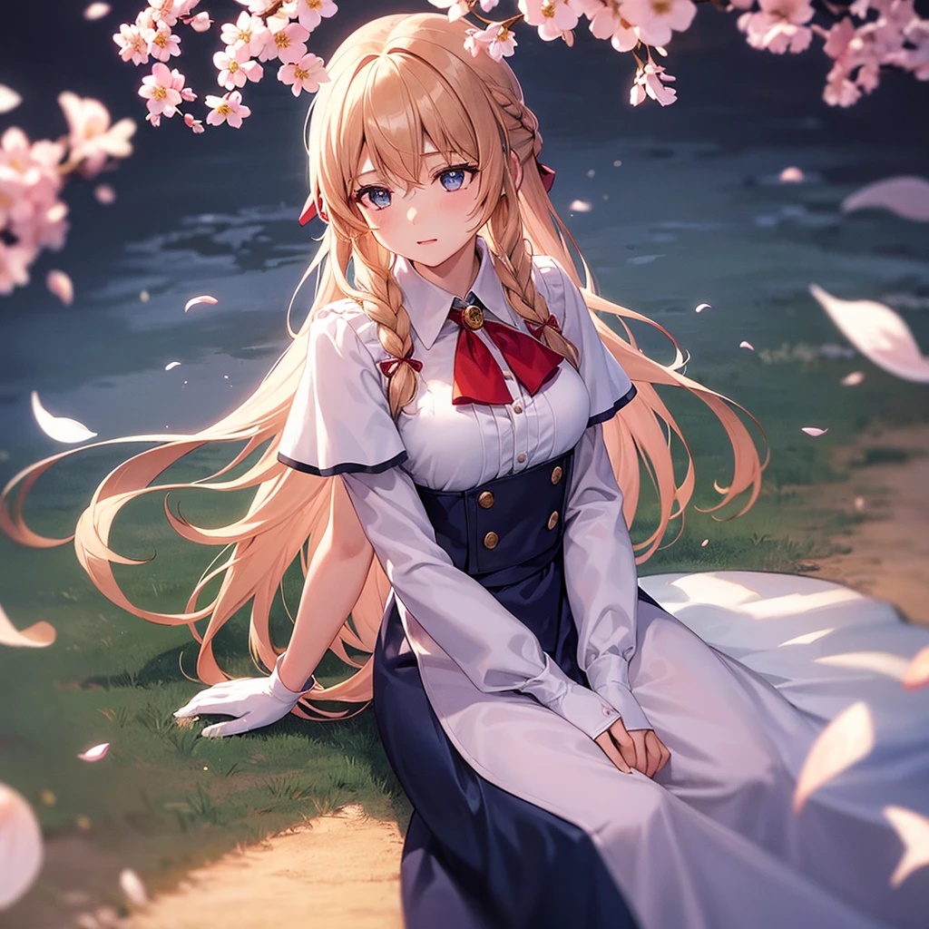 1girl, solo, aave, braid, hair ribbon, red ribbon, jewelry, white ascot, brooch, blue jacket, long sleeves, brown gloves, white dress, long dress, sitting, outdoors, cherry blossoms, falling petals, sky, cloud, dappled sunlight, cinematic angle, (masterpiece), (best quality), (ultra-detailed), very aesthetic, illustration, perfect composition, intricate details, erina nakiri