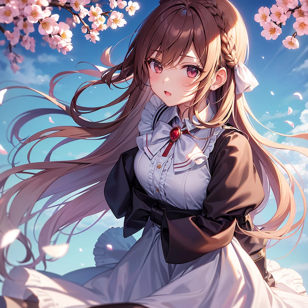1girl, solo, aave, braid, hair ribbon, red ribbon, jewelry, white ascot, brooch, blue jacket, long sleeves, brown gloves, white dress, long dress, sitting, outdoors, cherry blossoms, falling petals, sky, cloud, dappled sunlight, cinematic angle, (masterpiece), (best quality), (ultra-detailed), very aesthetic, illustration, perfect composition, intricate details, erina nakiri