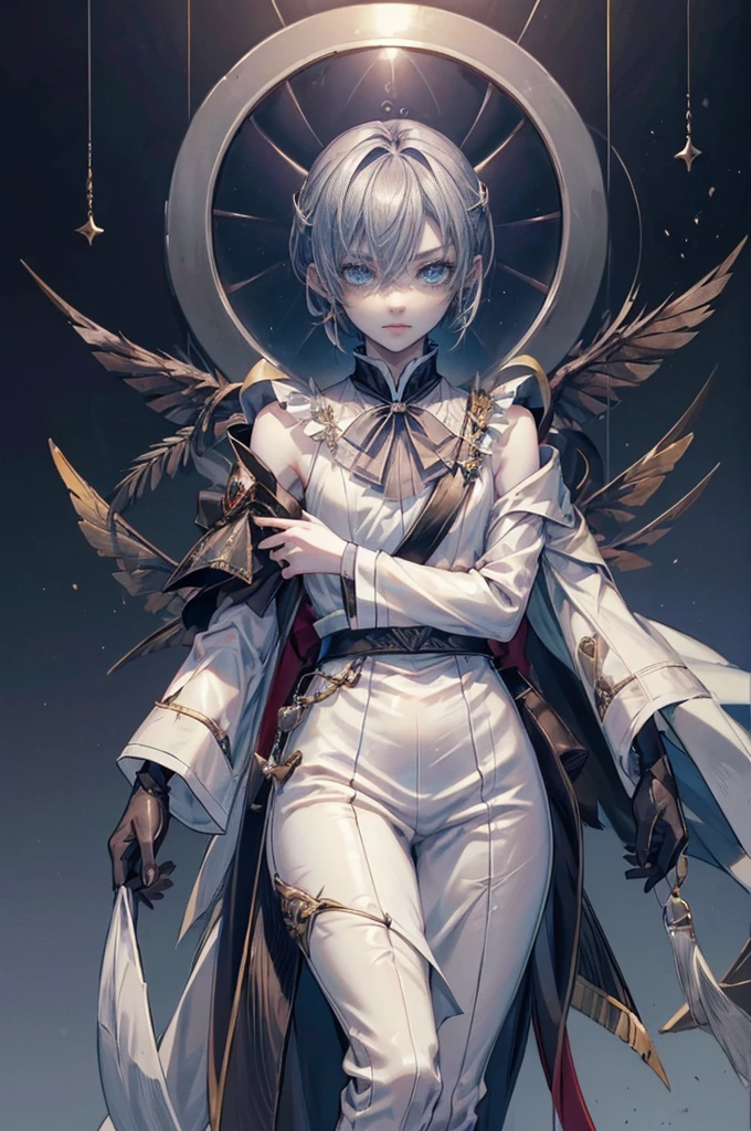 ((4K works))、raw work、（top-quality)、((top-notch image quality))、((uma lind boy))、slim body、((Preta Y shirt fashion))、( detailedeyes )、((Face similar to Chaewon in Ruseraphim))、((shoulder length hair))、((shiny silver hair))、((smaller face))、((face neutral))、 ((clear blue eyes))、((British boy))、((13 year old))、((wild boy))、((wild appearance))、((Show your fangs and laugh))、((Korean makeup with black eyeshadow))、((elongated and clear eyes))、((Taken alone))、villain、((amazing photo)) 、Photographed so that the entire body can be seen、horor、Dark Proof、penthouse apartment ((cold stare, fear)), (( Lifeless look)), ((pale skin)) ((Sexy slender thighs)) ((Round ass)) ((Waist slender)) ((within a fourth British country)) ((height 157m))