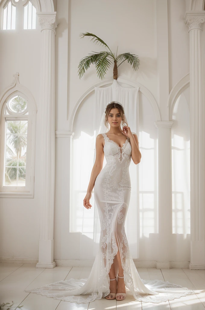 Top quality, Masterpiece, hyper HD, (Photorealistic: 1.4), RAW photo, 1girl，solo，Fashion model，Wearing a white mermaid wedding dress， v-neck dress style, Lace material, long tail, full body, in white room with indoor decorative palm tree，Stand upright and look straight.