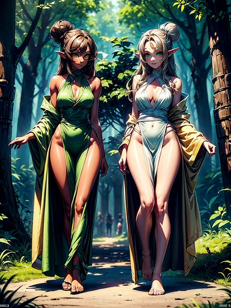 masterpiece, high quality, illustration, extremely detailed, cg unity 8k, ((summer: 1.4)), 1_women, ((full body)), (tan exotic skin_complexion:1.4), mature, statuesque, beautiful, exotic, with long elf ears, smiling, (((looking away from viewer))), medium breast, thigh gap, (wearing ((green)) diaphanous robes), white blackless halter top dress, bare_shoulders, bare foot, (((long brown hair))), ((twin hair buns)), detailed face having (((hazel eyes)), dark_eyeliner, long_eyelashes), natural dynamic lighting casts detailed shadows, forest, temple   sultry look, seductive,
