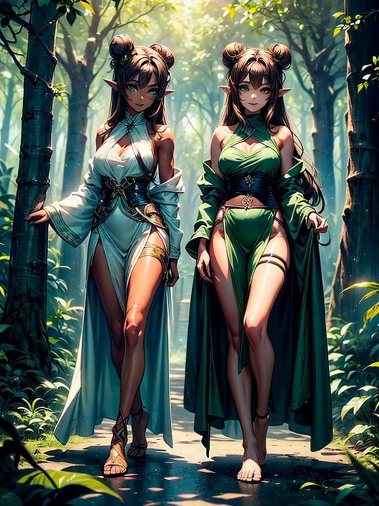 masterpiece, high quality, illustration, extremely detailed, cg unity 8k, ((summer: 1.4)), 1_women, ((full body)), (tan exotic skin_complexion:1.4), mature, statuesque, beautiful, exotic, with long elf ears, smiling, (((looking away from viewer))), medium breast, thigh gap, (wearing ((green)) diaphanous robes), white blackless halter top dress, bare_shoulders, bare foot, (((long brown hair))), ((twin hair buns)), detailed face having (((hazel eyes)), dark_eyeliner, long_eyelashes), natural dynamic lighting casts detailed shadows, forest, temple   sultry look, seductive,
