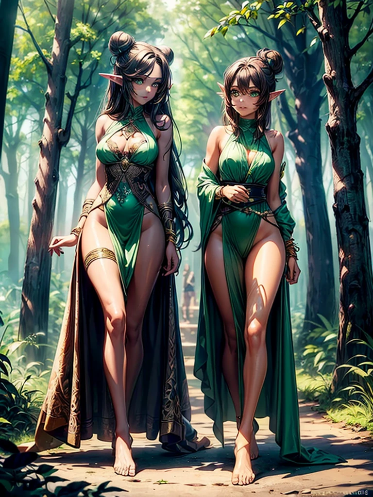 masterpiece, high quality, illustration, extremely detailed, cg unity 8k, ((summer: 1.4)), 1_women, ((full body)), (tan exotic skin_complexion:1.4), mature, statuesque, beautiful, exotic, with long elf ears, smiling, (((looking away from viewer))), medium breast, thigh gap, (wearing ((green)) diaphanous robes), white blackless halter top dress, bare_shoulders, bare foot, (((long brown hair))), ((twin hair buns)), detailed face having (((hazel eyes)), dark_eyeliner, long_eyelashes), natural dynamic lighting casts detailed shadows, forest, temple   sultry look, seductive,
