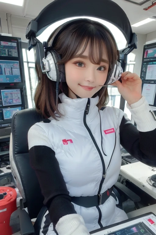 masterpiece, Highest quality, Very detailed, 8K Portrait,Japanese Android Girl,plump , Control panel,Robotic arms and legs, Blunt bangs,,break (Metallic Gray, Metallic luster, Mirror finish, Astro Best):5,headphone:5,break (Black sleeves):100,Smart Watches,Futuristic space station,Control Room,break headphone,blue eyes,(Black Hair):2,(Long Hair):1.3,Viewer Display,(respirator),break blush:3,Hidden Hand,smile