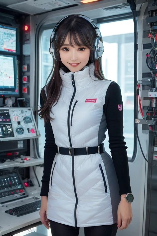 masterpiece, Highest quality, Very detailed, 8K Portrait,Japanese Android Girl,plump , Control panel,Robotic arms and legs, Blunt bangs,,break (Metallic Gray, Metallic luster, Mirror finish, Astro Best):5,headphone:5,break (Black sleeves):100,Smart Watches,Futuristic space station,Control Room,break headphone,blue eyes,(Black Hair):2,(Long Hair):1.3,Viewer Display,(respirator),break blush:3,Hidden Hand,smile