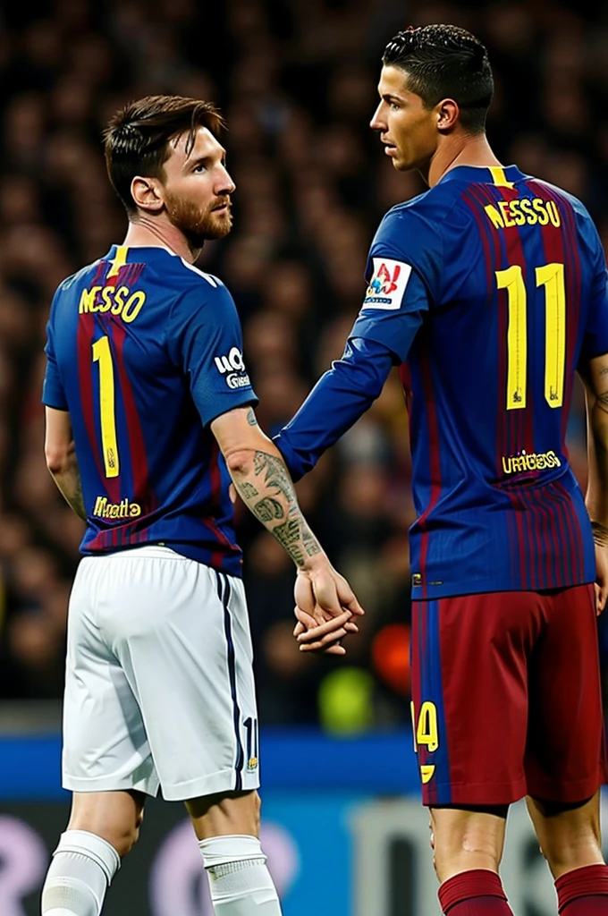 Messi holding hands with Cristiano Ronaldo 