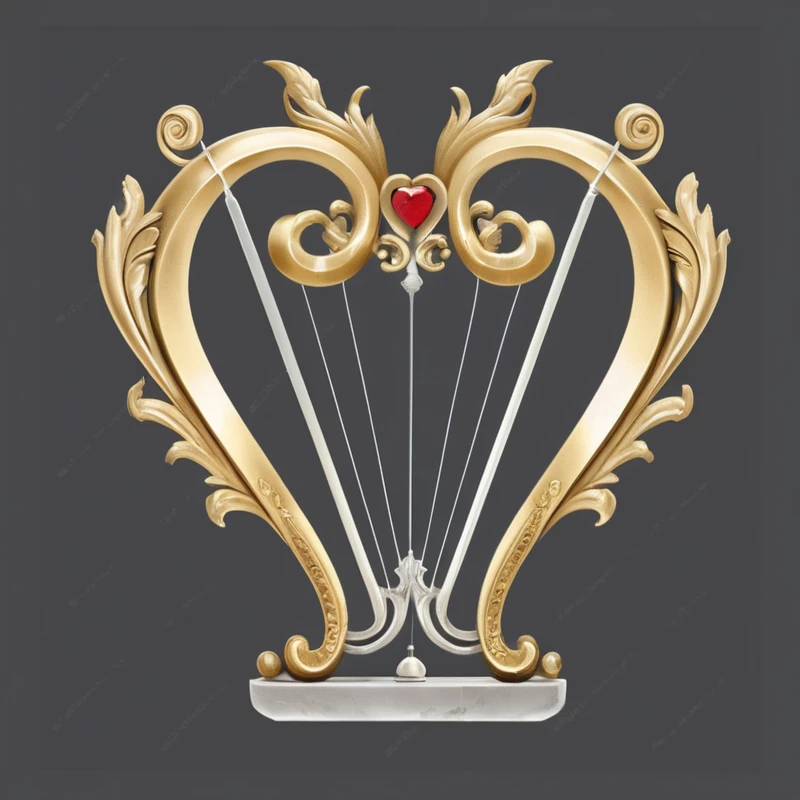 golden harp with a red heart on a gray background, harp, 3 d Gorgeous carved water heart, with an harp, Gorgeous and flowing, Baroque, Baroque elements, elegant and Gorgeous, Gorgeous and elegant, Baroque的物品, very Gorgeous, Baroque and Rococo decorations, Gorgeous, Musical Instruments, Baroque, Baroque细节